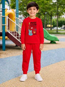 Palgrave - Cotton Gitter Graphics Playful Printed T-Shirt And Jogger -Red