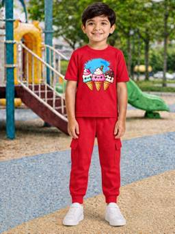 Palgrave - Cotton Softy Ice Cream Graphic T-Shirt And Jogger -Red