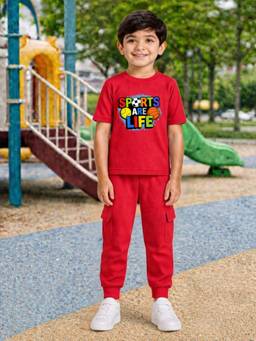 Palgrave - Cotton Sports Ball Graphic T-Shirt And Jogger -Red