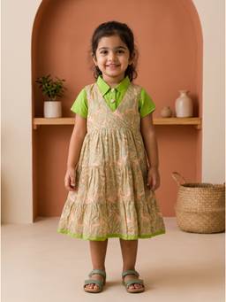 EXCLUSIVE FROM JAIPUR - Green And Peach Collar Dress