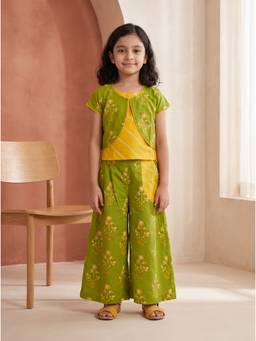 EXCLUSIVE FROM JAIPUR - Green And Yellow Palazzo And Top With Jacket