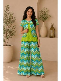 EXCLUSIVE FROM JAIPUR - Green And Blue Palazzo And Top With Jacket