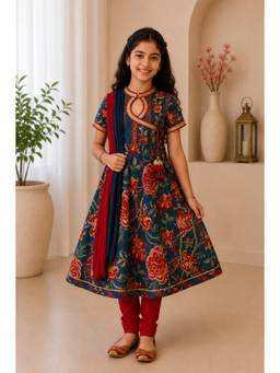 EXCLUSIVE FROM JAIPUR - Blue Anarkali Kurta With Red Churidar And Dupatta
