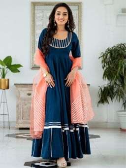 Lavanya The Label - Blue Cotton Flared Anarkali With Dupatta (Set of 3)