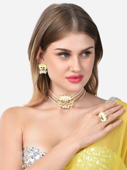 Zaveri Pearls - Multicolor Lotus Enamel Necklace Earring & Ring Set-ZPFK14751