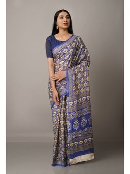 Unnati Silks - Blue Pure Krisha Block Printed Cotton Saree with Unstitched Blouse