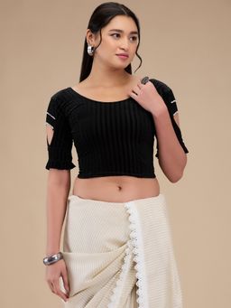 SALWAR STUDIO - Velvet Round Neck Non Padded Saree Black Blouse