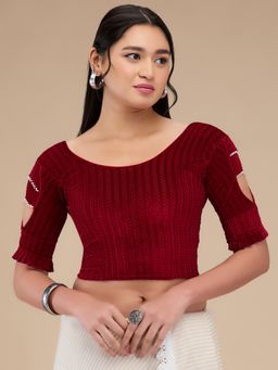 SALWAR STUDIO - Velvet Round Neck Non Padded Saree Maroon Blouse