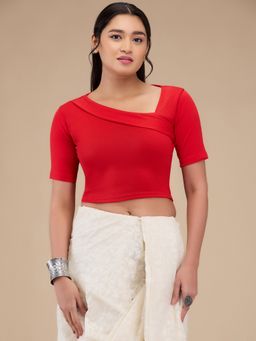 SALWAR STUDIO - Cotton Lycra Stretchable Non Padded Saree Red Blouse