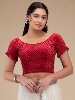 SALWAR STUDIO - Velvet Round Neck Non Padded Saree Red Blouse