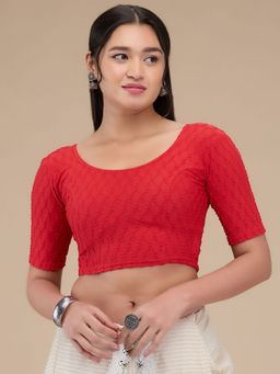 SALWAR STUDIO - Lycra Round Neck Non Padded Saree Red Blouse