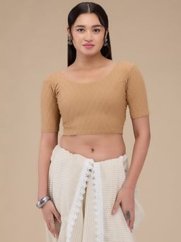 SALWAR STUDIO - Lycra Round Neck Non Padded Saree Beige Blouse