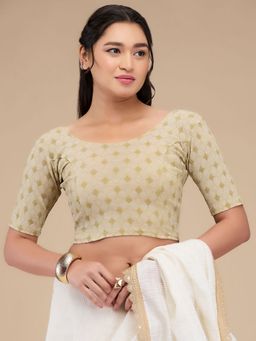 SALWAR STUDIO - Lycra Round Neck Non Padded Saree Gold Blouse