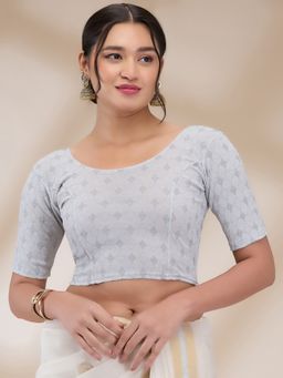 SALWAR STUDIO - Lycra Round Neck Non Padded Saree Silver Blouse