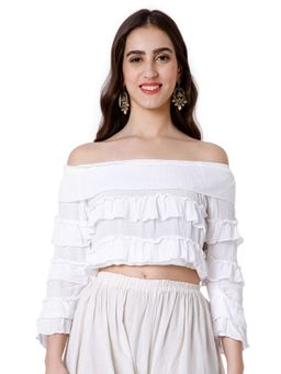 SALWAR STUDIO - Cotton Lycra Off Shoulder Ruffled Saree White Blouse
