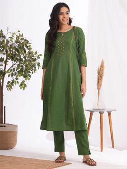 Kami Kubi - Pocketed A-Line Cotton Slurb Green Kurta