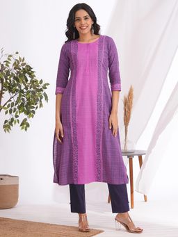 Kami Kubi - A-Line Colour Blocked Checkered Cotton Fabric Purple Kurta