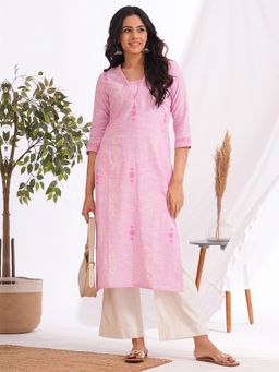 Kami Kubi - Straight Fit Cotton Fabric Pink Kurta