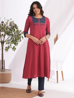 Kami Kubi - Pocketed A-Line Cotton Fabric Red Kurta