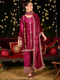 Stylee LIFESTYLE - Magenta Velvet Embroidered Dress Material