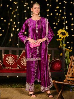 Stylee LIFESTYLE - Purple Velvet Embroidered Dress Material