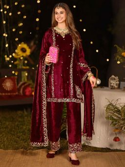 Stylee LIFESTYLE - Maroon Velvet Embroidered Dress Material