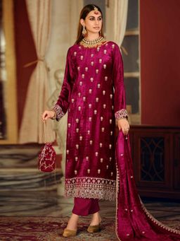Stylee LIFESTYLE - Magenta Velvet Embroidered Dress Material