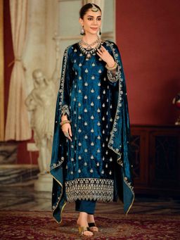 Stylee LIFESTYLE - Navy Blue Velvet Embroidered Dress Material