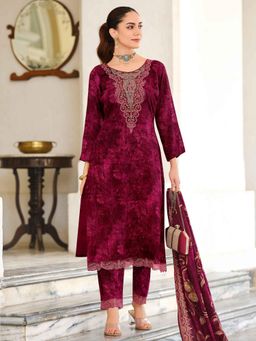 Stylee LIFESTYLE - Magenta Pashmina Embroidered Dress Material
