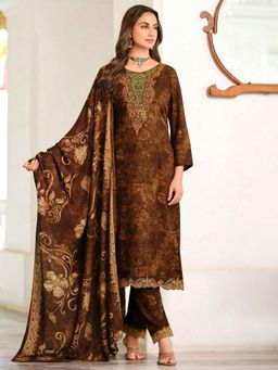 Stylee LIFESTYLE - Brown Pashmina Embroidered Dress Material