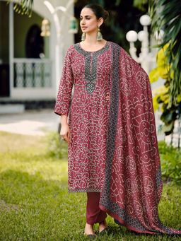 Stylee LIFESTYLE - Maroon Pashmina Digital Printed Dress Material