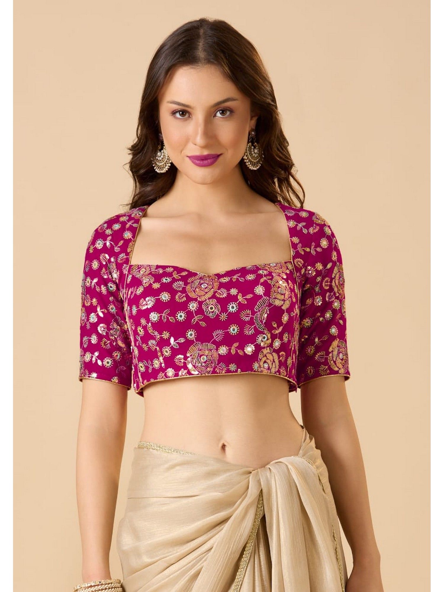 salwar studio Georgette Sweetheart Neck Readymade Magenta Blouse-picture-28