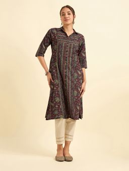 VISMAY - Pure Cotton Flared Printed Maroon Kurta