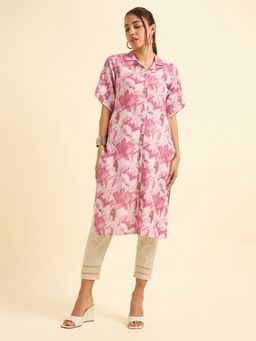 VISMAY - Cotton Slub Silted Printed Pink Kurta