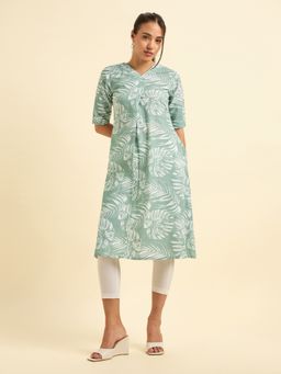 VISMAY - Cotton Linen Printed Flared Green Kurta