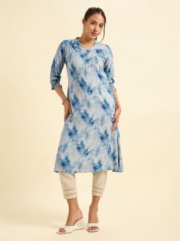 VISMAY - Viscose Printed Flared Blue Kurta