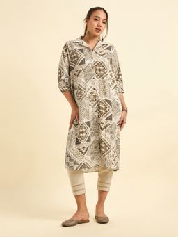 VISMAY - Cotton Flax Printed Flared Ivory Kurta