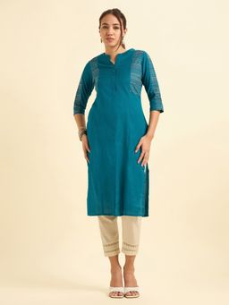 VISMAY - Cotton Embroidery Flax Slitted Blue Kurta