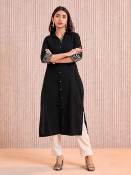 VISMAY - Cotton Flax Plain Slitted Black Kurta
