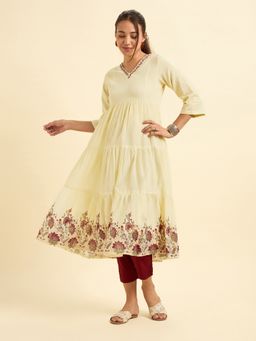 VISMAY - Pure Cotton Tiered Print and Embroidery Yellow Kurta