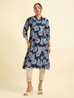 VISMAY - Chanderi Princess Cut Printed Embroidery Navy Blue Kurta