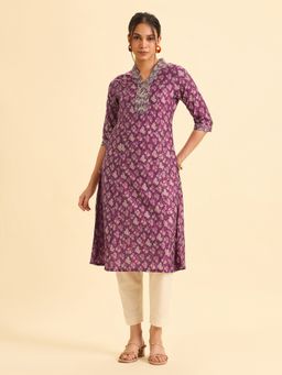 VISMAY - Chanderi Printed with Embroidery Flared Princess Cut Wine Kurta
