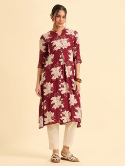 VISMAY - Viscose Printed Flared Angrakha Maroon Kurta