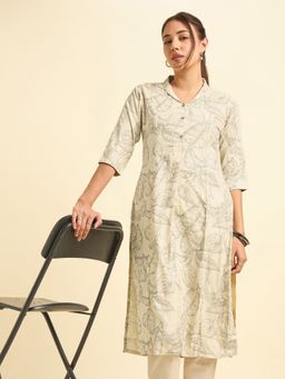 VISMAY - Tencel Printed Flared Princess Cut Ivory Kurta