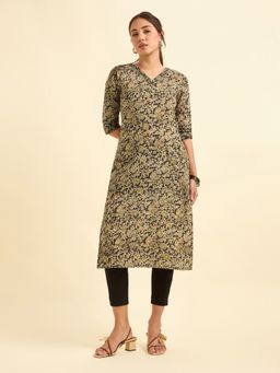 VISMAY - Pure Cotton Printed Flared Black Kurta