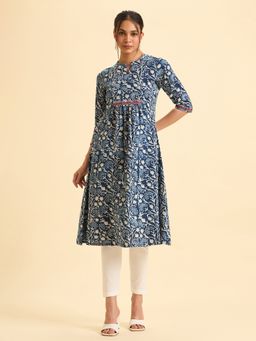 VISMAY - Pure Cotton Printed with Embroidery Indigo Kurta