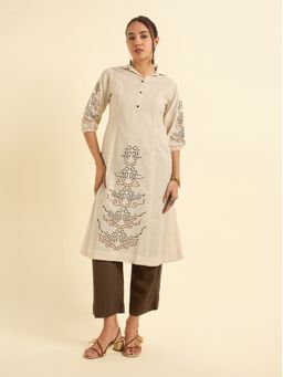 VISMAY - Cotton Flax Flared with Princess Cut and Embroidery Ivory Kurta