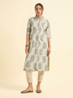 VISMAY - Cotton Flax Printed Slit Beige Kurta