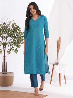 Kami Kubi - Straight Fit Textured Cotton Zari Dots Blue Kurta