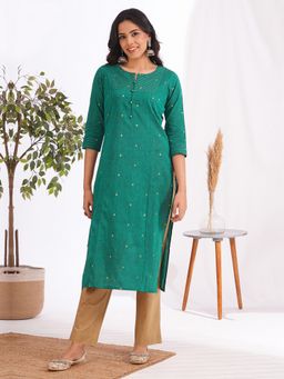 Kami Kubi - Straight Fit Textured Cotton Zari Dots Green Kurta